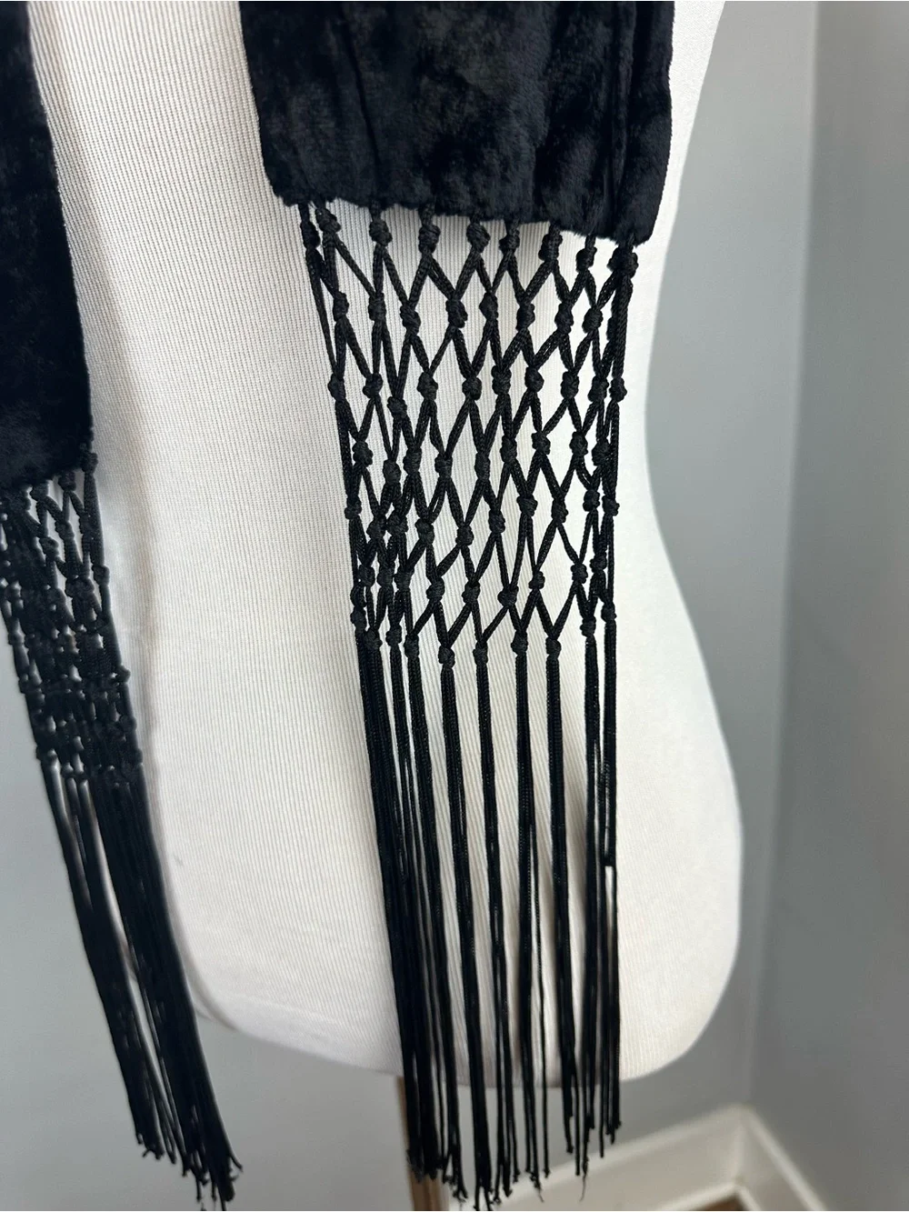 Black Velvet Scarf With Crocheted MacrameLong Tassel Fringe
